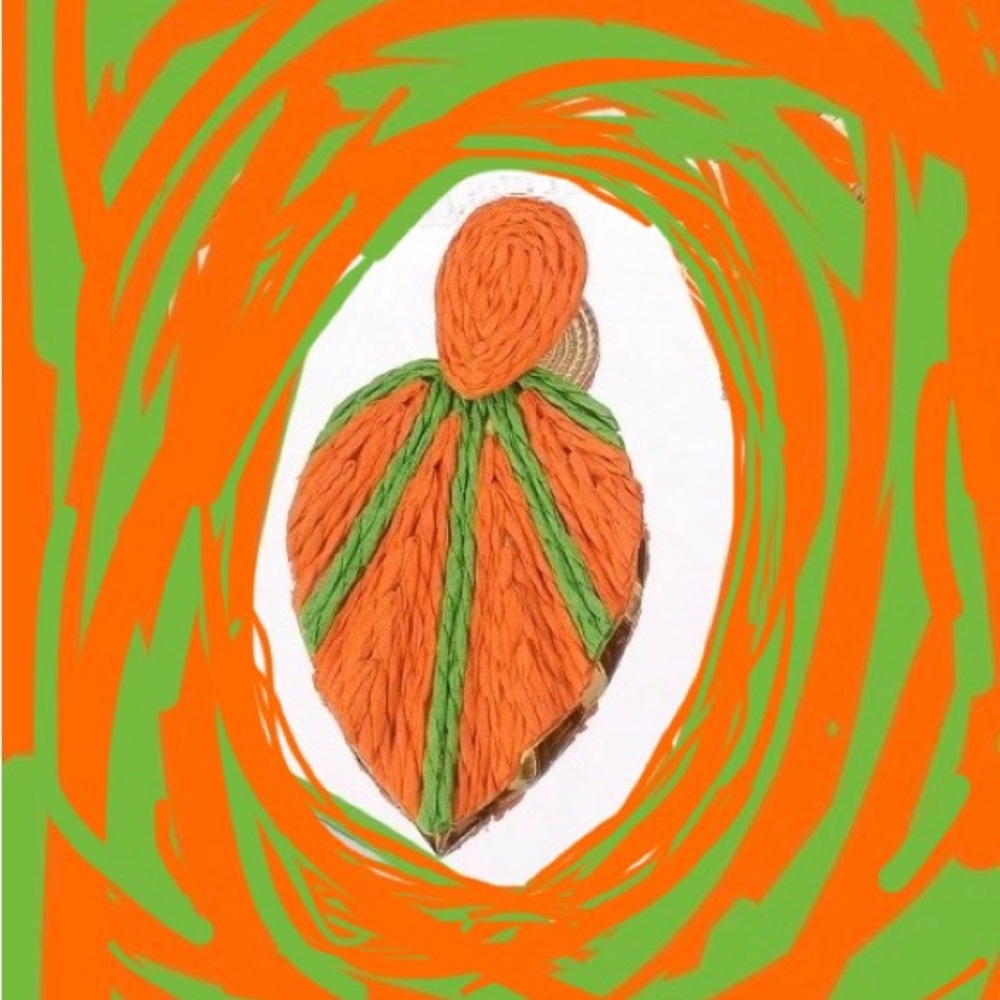 Large Orange Lime Green Rattan Leaf Earrings Statement Summer Beach Post Big - Picture 4 of 5